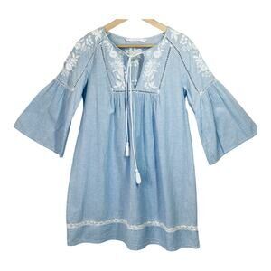 Zara Dress Blue & White Embroidery Detail Bell Sleeves Size S